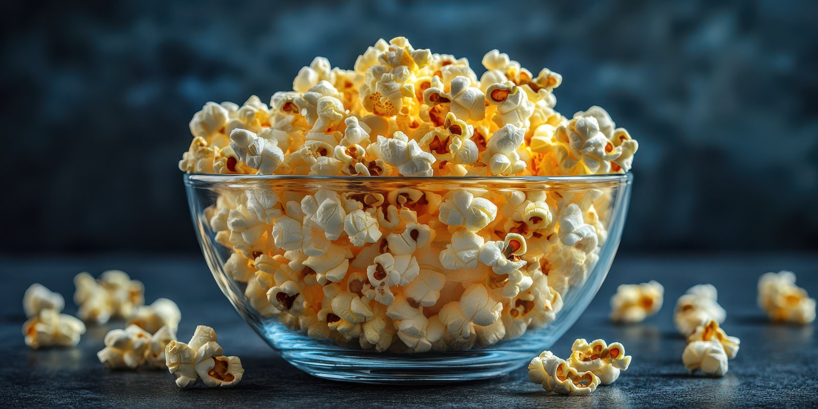 Deliciously fresh popcorn in a glass bowl ready for movie night on a cozy evening